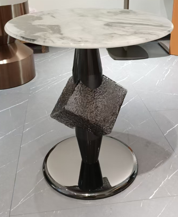 Round Marble Look Side Table with Sculptural Metal Base