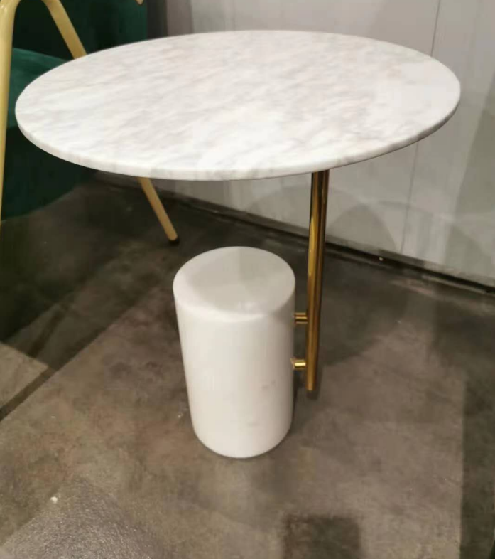 Round White Marble Side Table with Asymmetrical Gold Metal Support and Cylindrical Pedestal Base