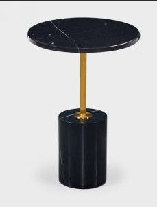 Round Black Marble-Look Side Table with Brass Stem and Cylindrical Base