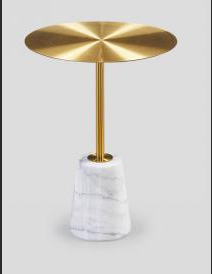 Round Pedestal Accent Side Table with Polished Brass Top and White Marble Base