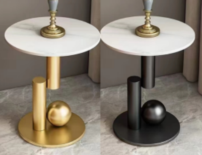 Modern Sculptural Round Marble-Look Side End Table with Decorative Metal Base