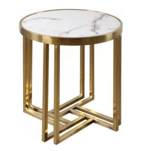 Round White Marble-Veined Top Gold Geometric Metal Frame Side End Table