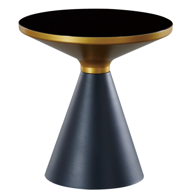 Modern Round Black Glass Top Conical Pedestal Side Table with Brass Accents