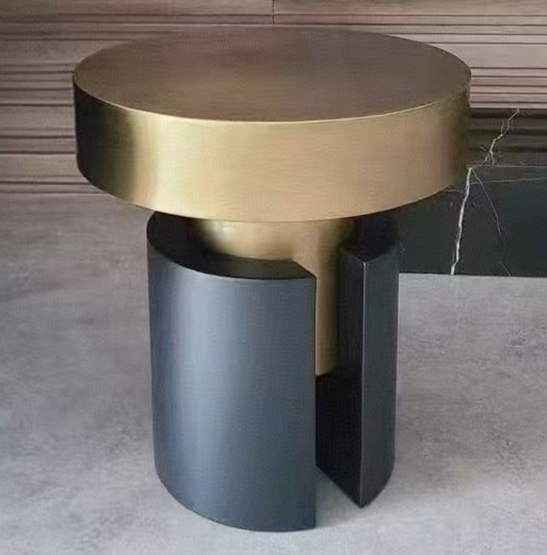 Two-Tone Brushed Brass and Matte Black Split Pedestal Round Side Table