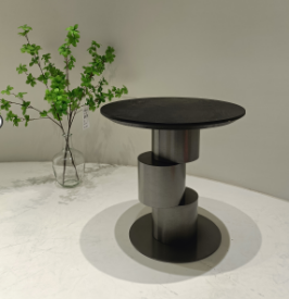 Round Coffee Table with Stacked Geometric Metal Base