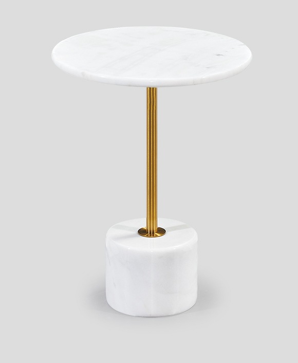 Round White Marble Pedestal Side Table with Fluted Brass Stem