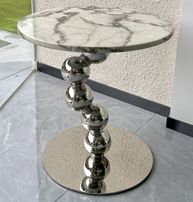 Round White Veined Marble Top Stacked Chrome Sphere Pedestal Accent Side Table