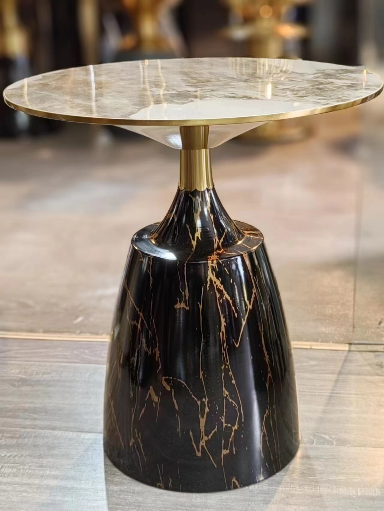Round Pedestal Accent Side Table with Marble Veining and Brass Trim