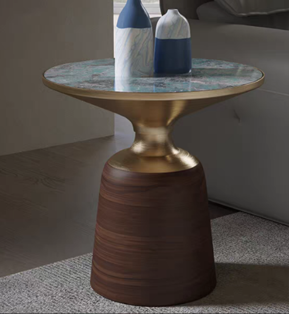Round Glass Top Pedestal Side Table with Brass Accent and Wood Grain Base