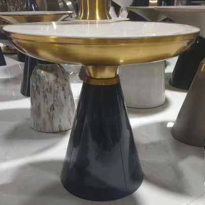 Luxury Round Dining Table with White Stone Top Gold Trim and Black Conical Pedestal