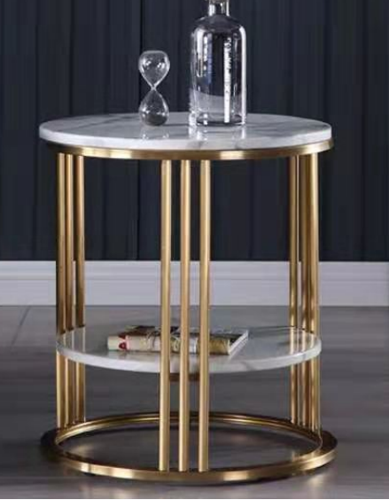 Round Two-Tier Side Table with Brushed Gold Metal Frame