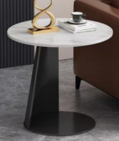 Round White Marble-Look Side Table with Black Tapered Pedestal Base
