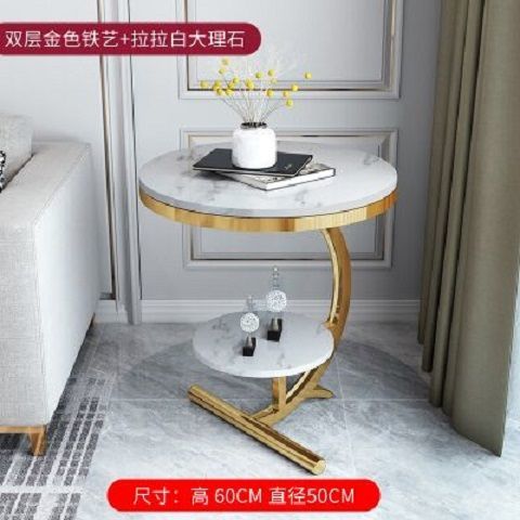 Two-Tier Gold Iron Frame White Marble Round Side End Table