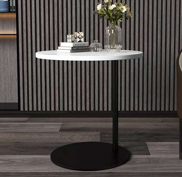 Round White Top Side Table with Black Metal Pedestal Base
