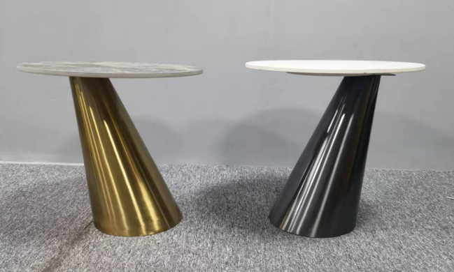 Round Accent Side Table with Angled Conical Metal Pedestal Base