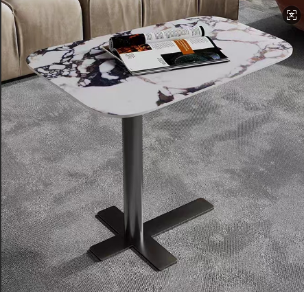 Modern Marble-Look Top Black Cross Base Sofa Side Table