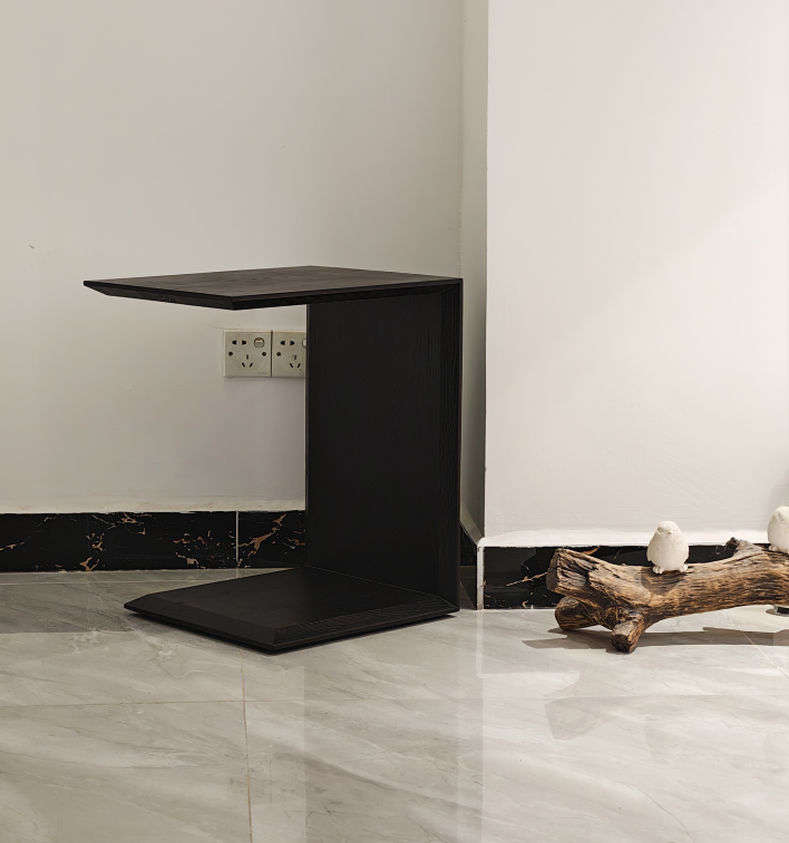 Matte Black Solid Wood Monolithic C-Shaped Sofa Side End Table