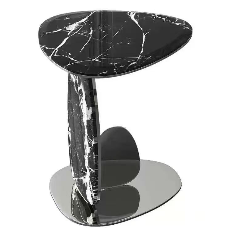 Sculptural Black Marble Veined Accent Side Table with Polished Mirrored Base
