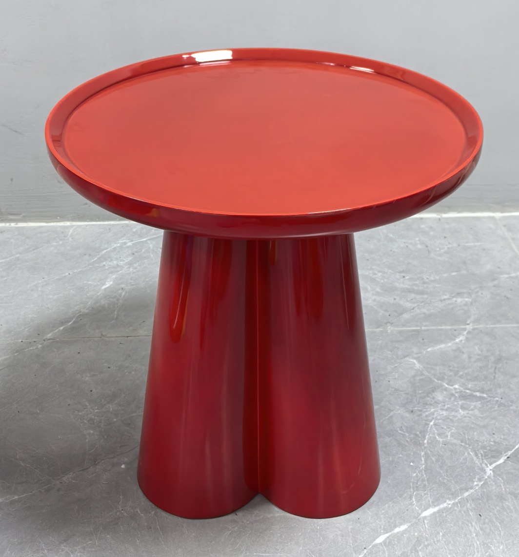 High-Gloss Red Round Tray-Top Sculptural Pedestal Side Table