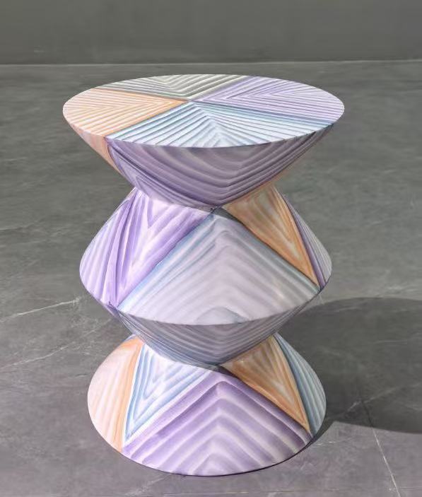 Pastel Carved Geometric Hourglass Side Table