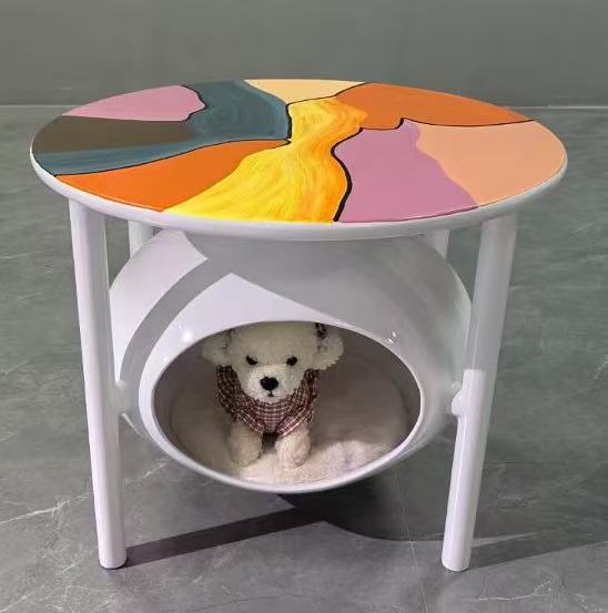 Round Multifunctional Pet House Side Table with Colorful Abstract Printed Top
