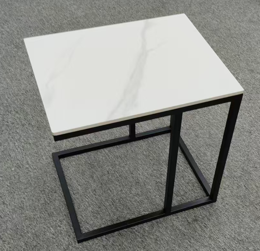 Square White Marble-Effect Side End Table with Black Open Cube Metal Frame