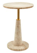 Round Travertine Pedestal Side End Table with Polished Brass Connector Stem