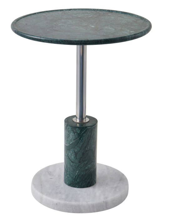 Round Two-Tone Marble Pedestal Side Table with Chrome Stem and Gallery Edge