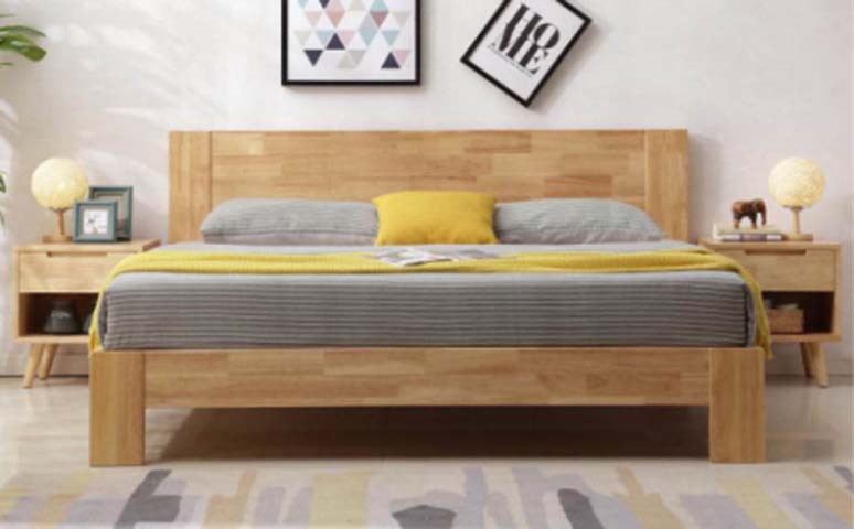 Light Oak Solid Wood Low-Profile Platform Bed with Wide Panel Headboard, Queen Size