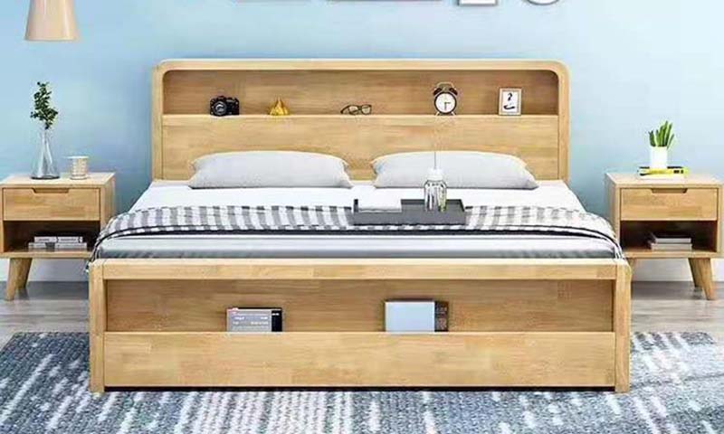 Light Natural Wood Storage Platform Bed with Headboard Shelf and Footboard Book Slots
