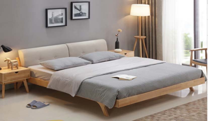 Low Profile Light Wood Platform Bed with Split Tufted Upholstered Headboard