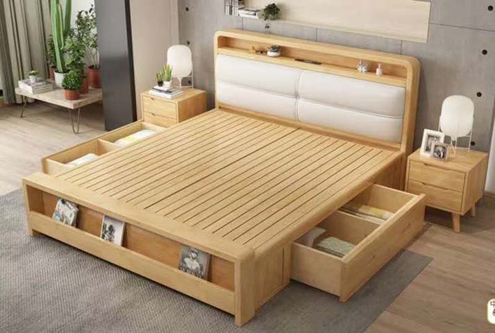 Light Wood Upholstered Storage Platform Bed with Headboard Shelf and Dual-Side Drawers