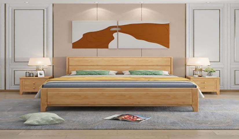 Natural Solid Wood Platform Bed with Full-Width Panel Headboard, Low Footboard