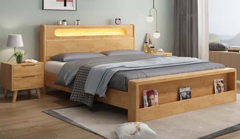 Natural Wood Storage Platform Bed with LED Headboard and Footboard Book Slots