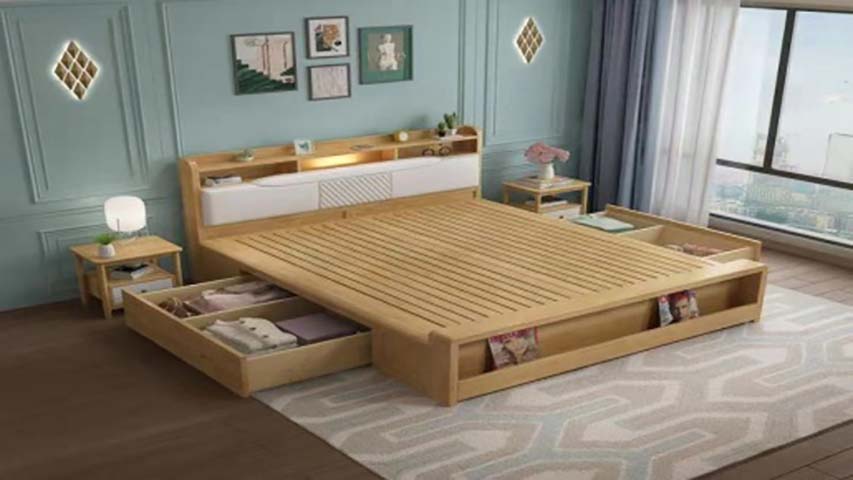 Light Wood Storage Platform Bed with LED Shelf Headboard, Drawers and Side Cubbies