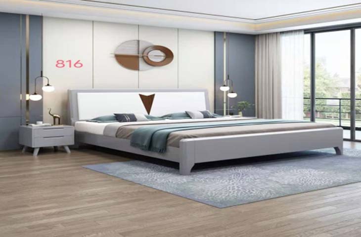 Modern Low-Profile Panel Platform Bed with Geometric Inlay Headboard
