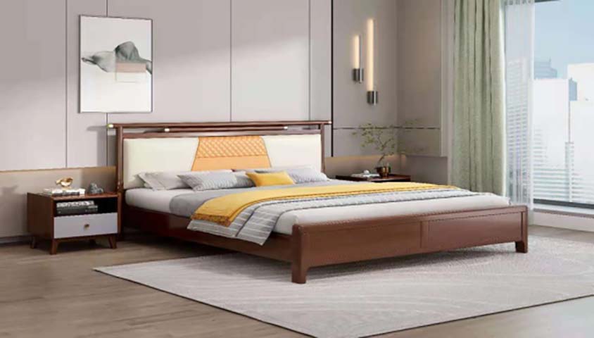 Walnut Finish Upholstered Wooden Platform Bed