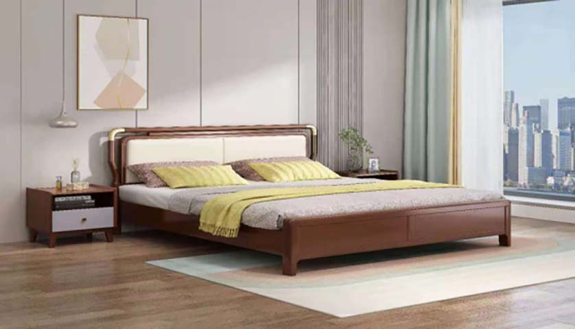 Walnut Finish Upholstered Headboard Wooden Platform Bed