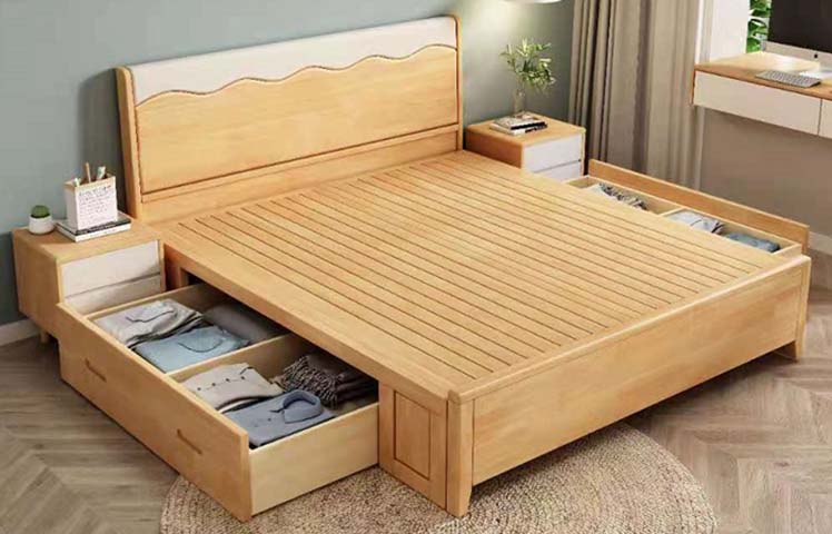 Light Wood Storage Platform Bed with Wavy Upholstered Headboard and Pull-Out Drawers