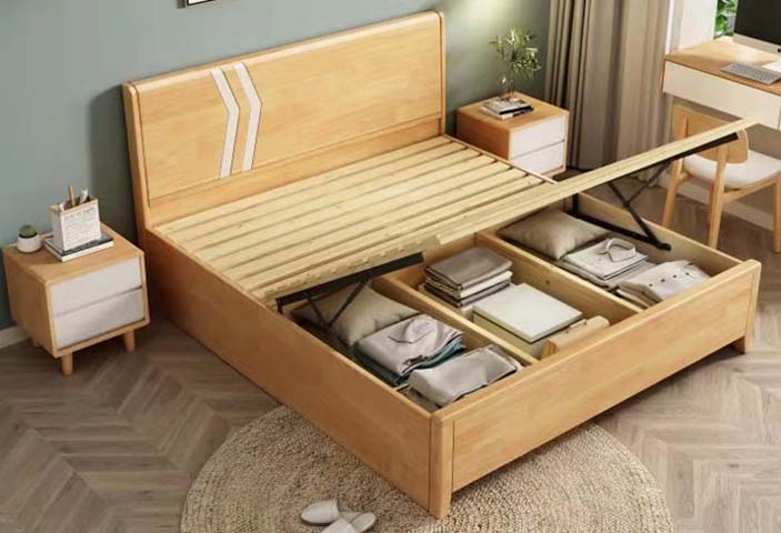 Light Natural Wood Lift-Up Storage Platform Bed with Geometric Inlay Headboard