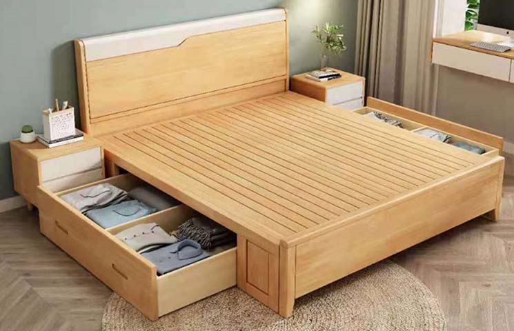 Queen Size Wooden Storage Bed with Upholstered Headboard and Drawers