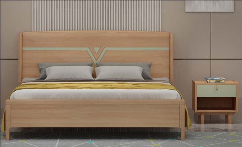 Light Oak Panel Bed with Sage Green Chevron Inlay Headboard and Matching Nightstand