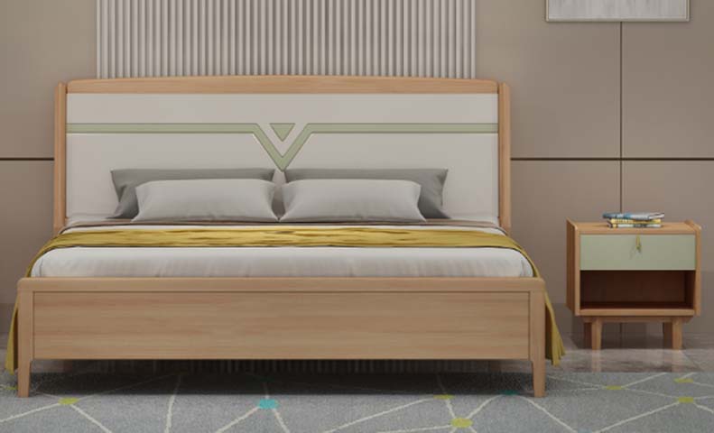 Modern Light Wood Upholstered Panel Bed with Matching Nightstand