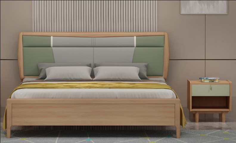 Light Wood Frame Upholstered Panel Bed with Matching Nightstand
