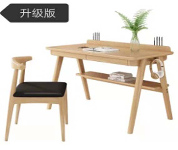 Nordic Light Oak Solid Wood Home Study Writing Desk with Lower Storage Shelf and Side Hook