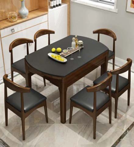 Extendable Rounded Rectangle 6-Seater Dining Table Set with Walnut Frame and Black Top