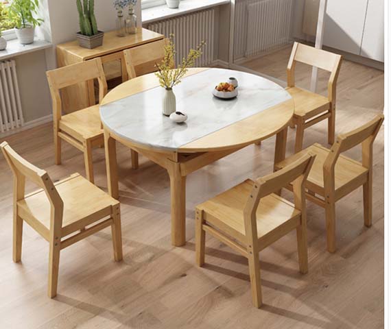 Extendable Round Dining Set with Sintered Stone Top and 6 Solid Wood Dining Chairs