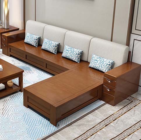 L-Shaped Solid Wood Convertible Storage Sofa Bed with Fabric Backrest