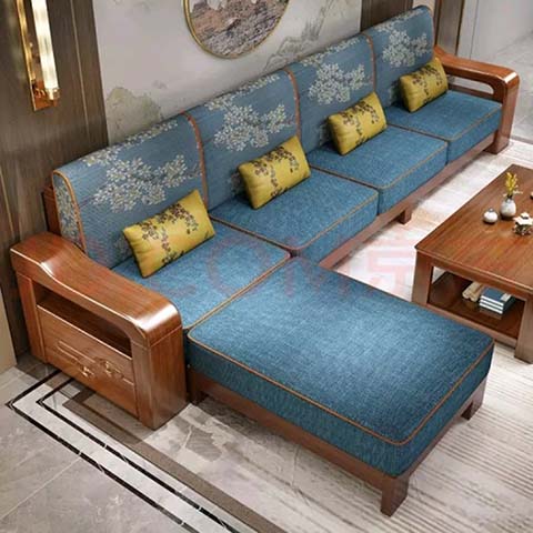 New Chinese Style L-Shaped Solid Wood Upholstered Sectional Sofa with Storage Armrest and Chaise Lounge