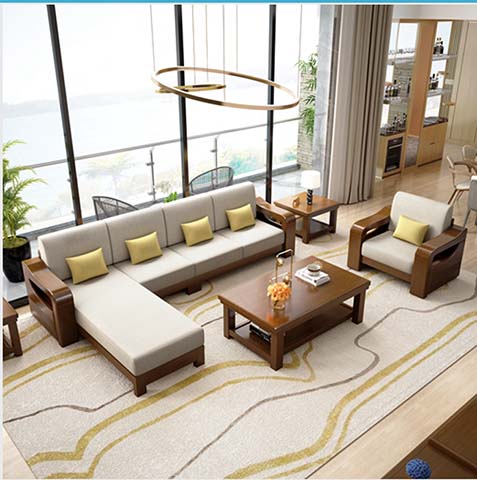 L-Shaped Solid Wood Frame Fabric Sectional Sofa Set with Coffee Table and Side Table